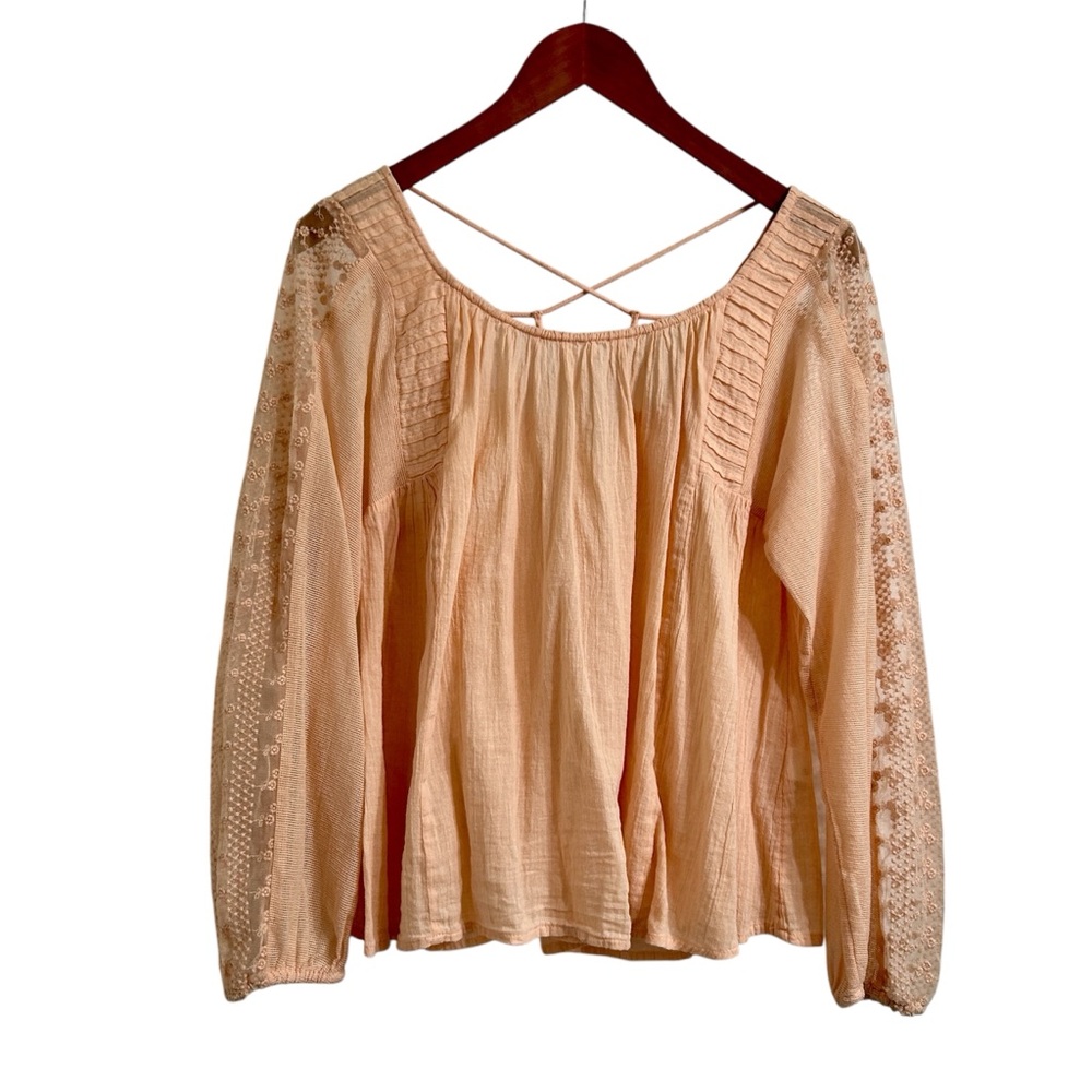 Lucky Brand Oversized Peasant Top, Gauzy Peach Lace Accent Blouse, Extra Small